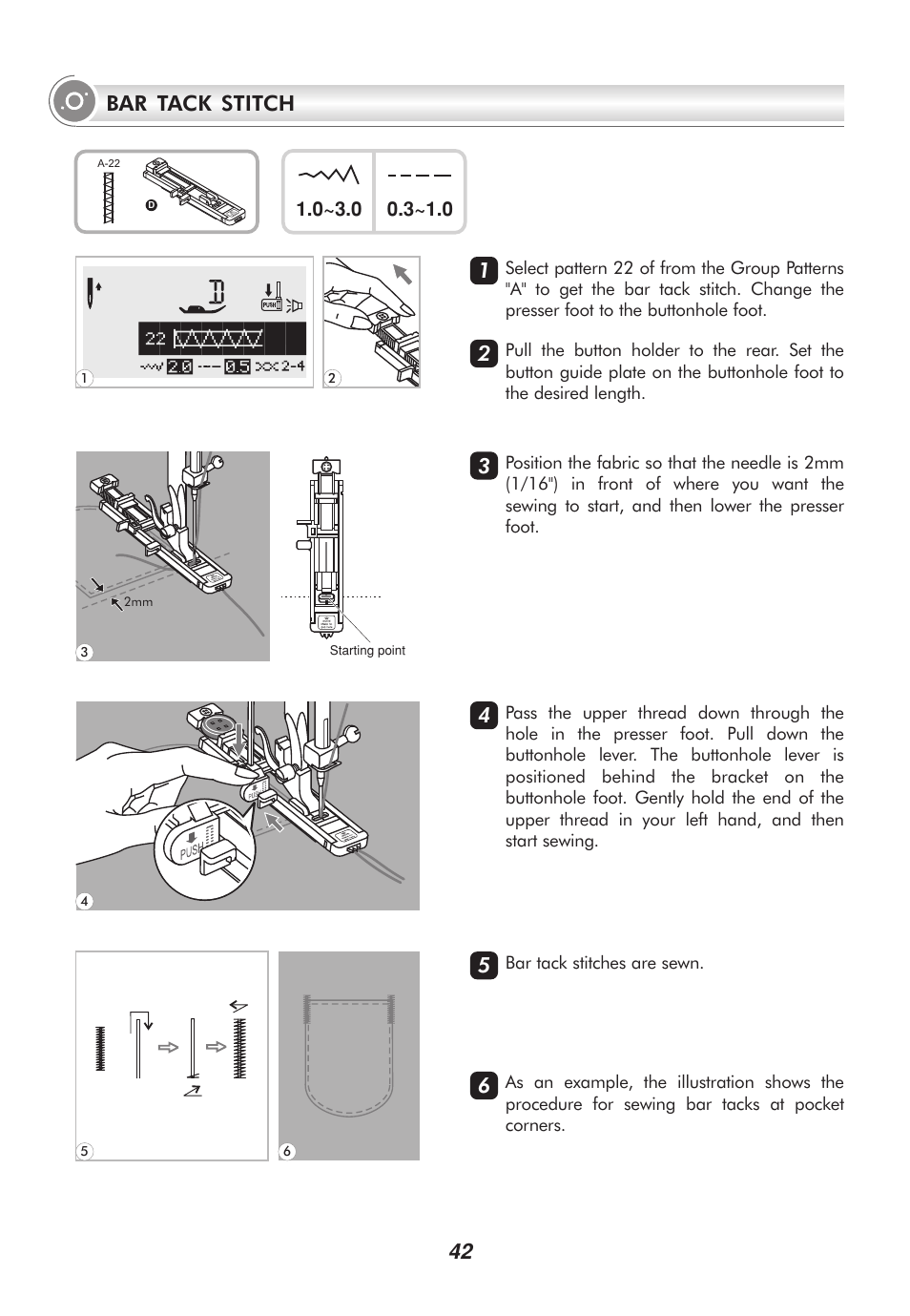 42 bar tack stitch | SINGER 9100 User Manual | Page 47 / 84