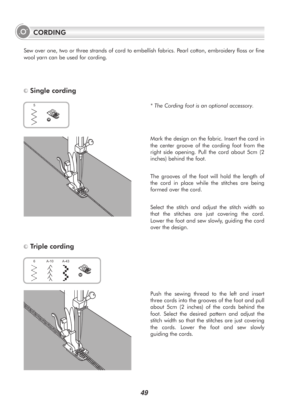 Single cording, Triple cording, Cording | SINGER 9100 User Manual | Page 54 / 84