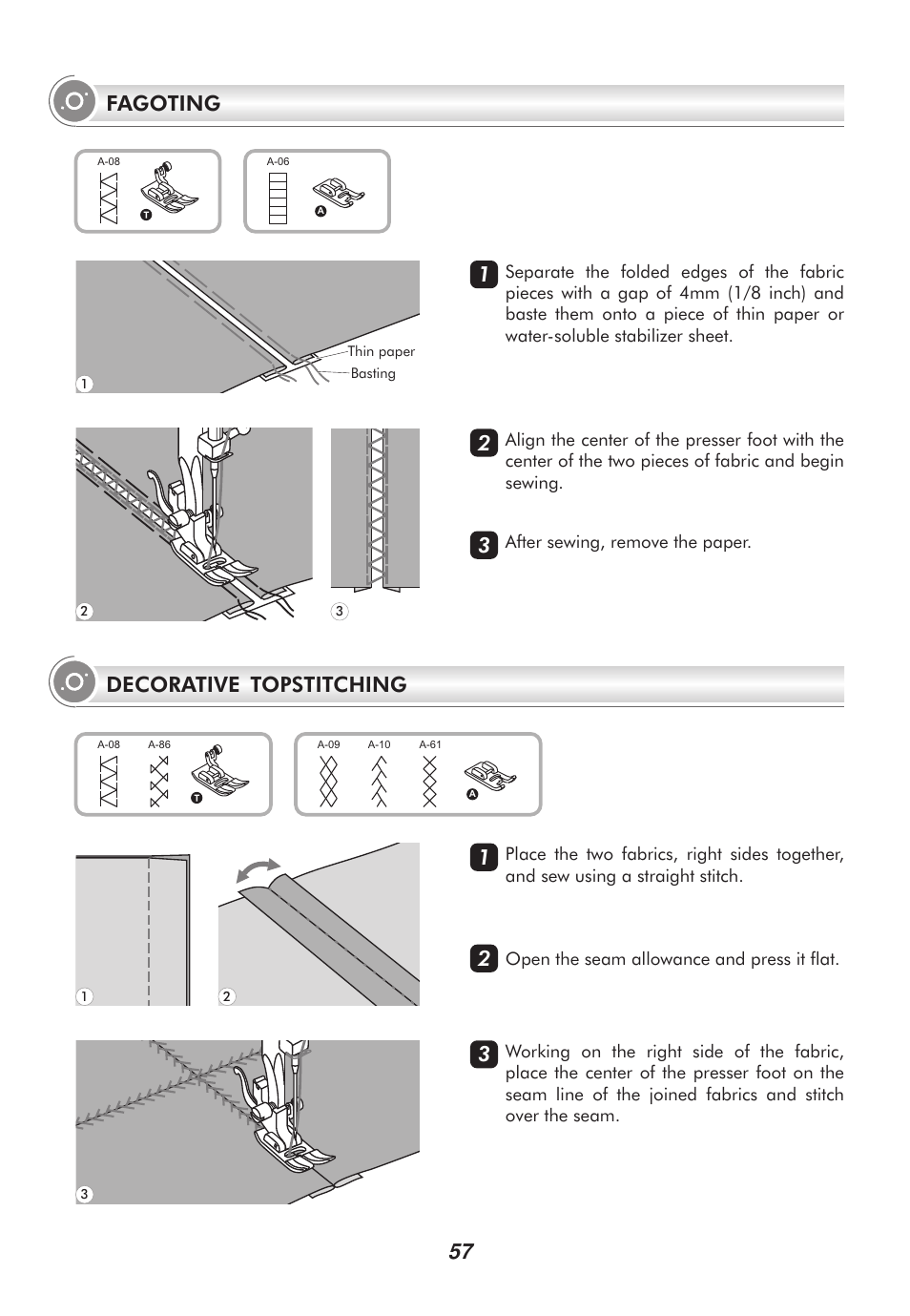 Decorative topstitching, 57 fagoting | SINGER 9100 User Manual | Page 62 / 84