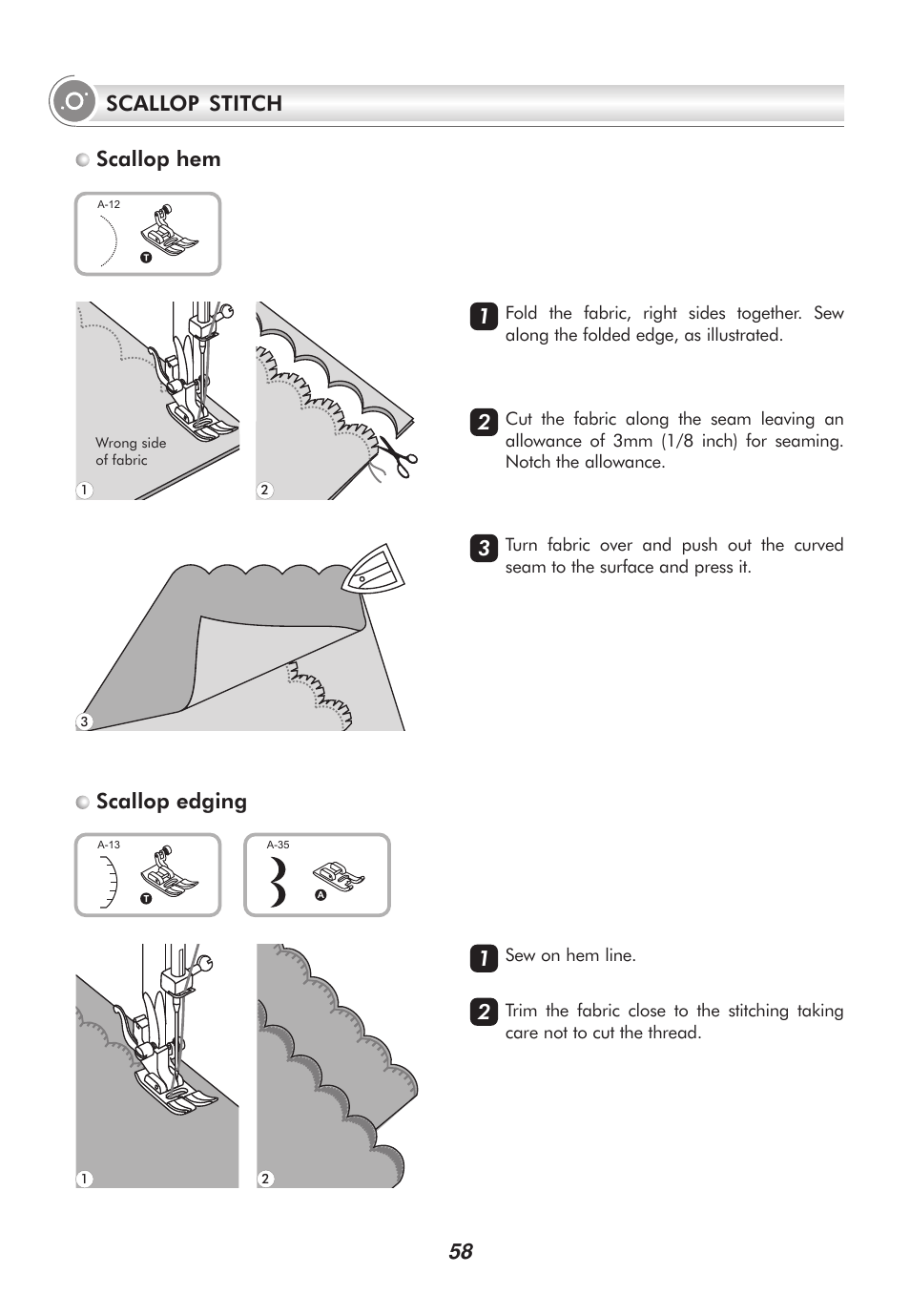 Scallop edging, Scallop stitch, Scallop hem 3 | SINGER 9100 User Manual | Page 63 / 84
