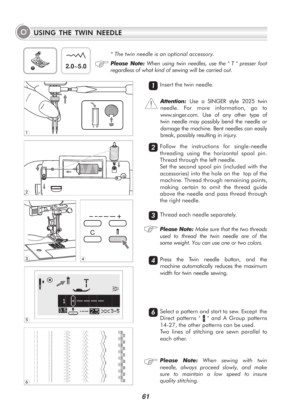 Using the twin needle | SINGER 9100 User Manual | Page 66 / 84