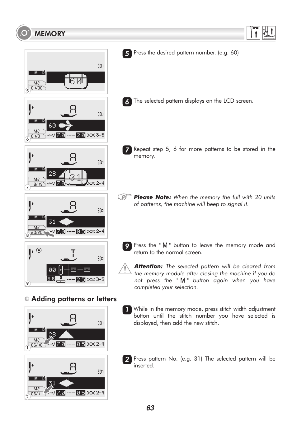 Adding patterns or letters 5 6 7 9 | SINGER 9100 User Manual | Page 68 / 84