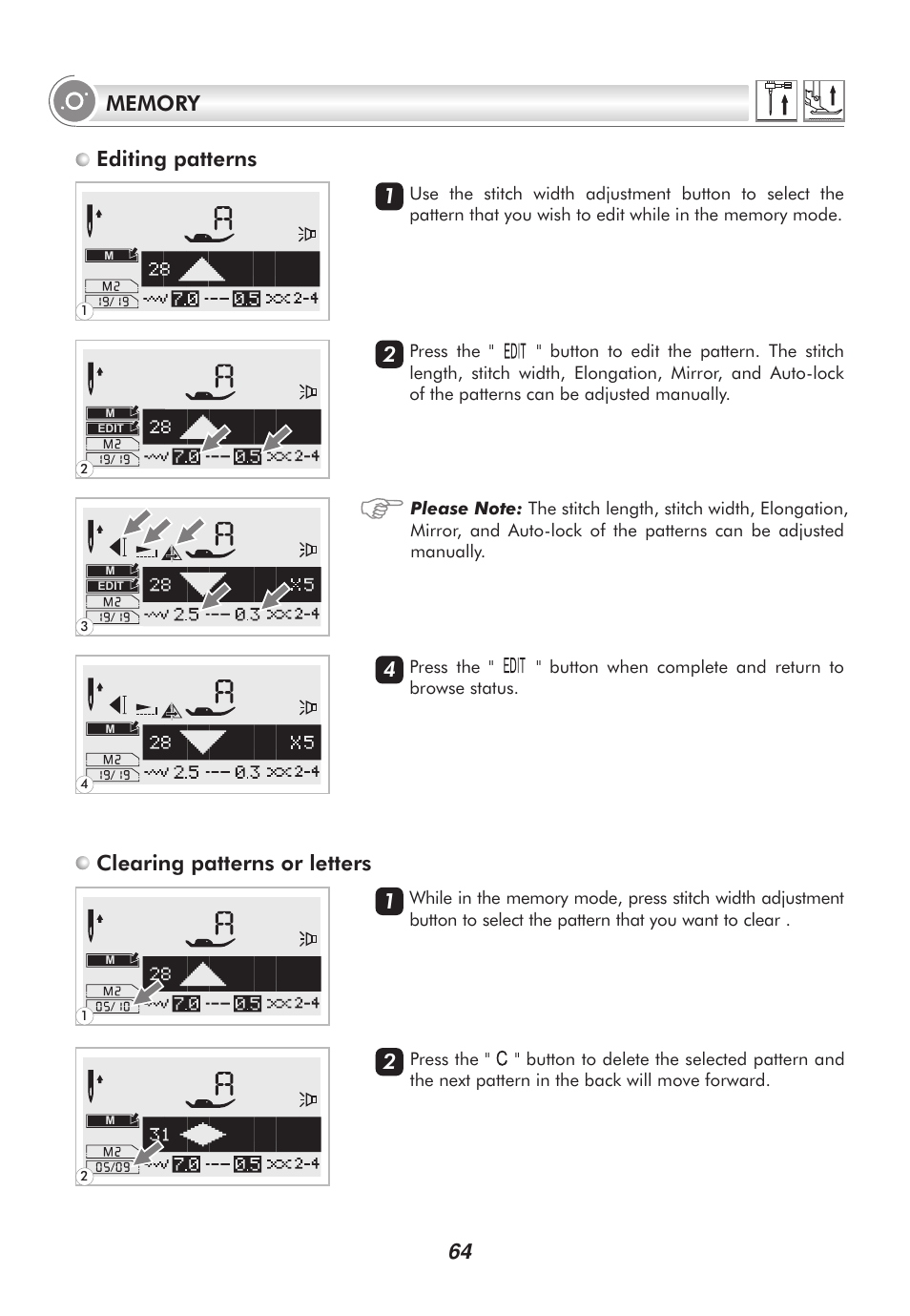 Clearing patterns or letters 2 4 1 1 | SINGER 9100 User Manual | Page 69 / 84