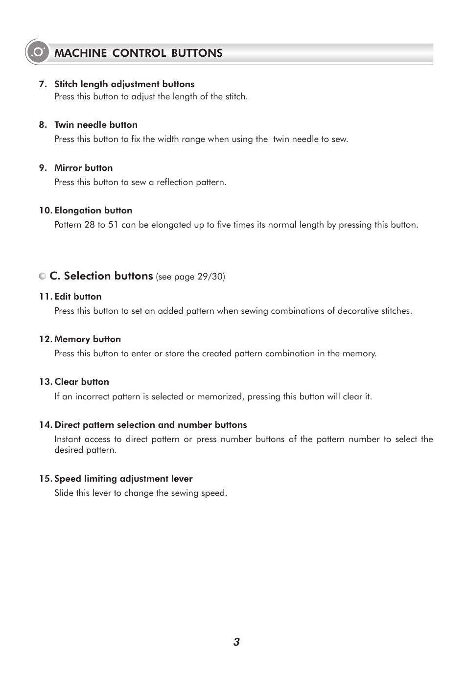 C. selection buttons, 3machine control buttons | SINGER 9100 User Manual | Page 7 / 84