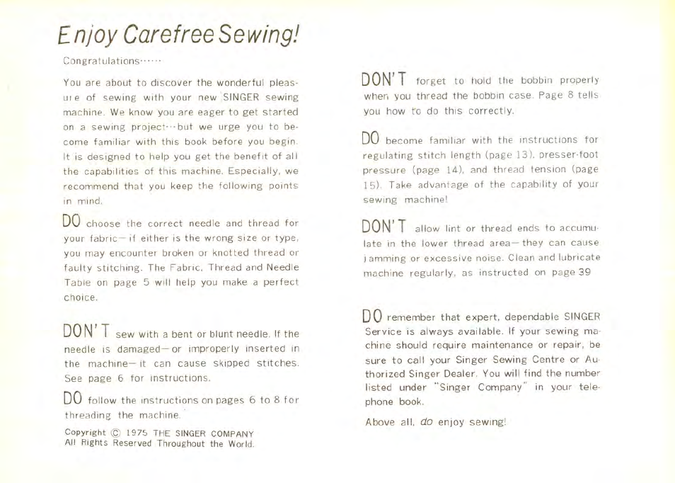 Njoy carefree sewing, Don’t | SINGER 9100 User Manual | Page 2 / 48