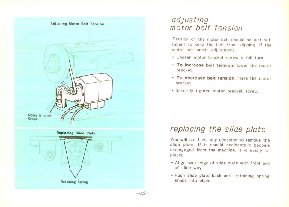 Adjusting motor belt, Replacing the slide plate, Tension | SINGER 9100 User Manual | Page 44 / 48