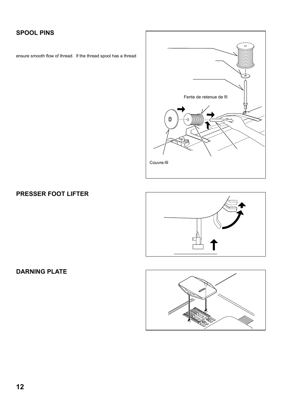7285q 86_2012.7.5pdf_12, Spool pins horizontal spool pin, Presser foot lifter | Vertical spool pin, Darning plate | SINGER 7285Q PATCHWORK Instruction Manual User Manual | Page 14 / 84