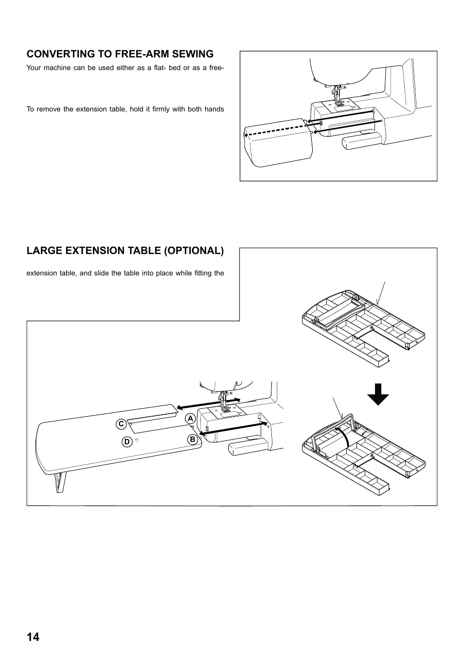 7285q 86_2012.7.5pdf_14, Converting to free-arm sewing, Large extension table (optional) | SINGER 7285Q PATCHWORK Instruction Manual User Manual | Page 16 / 84