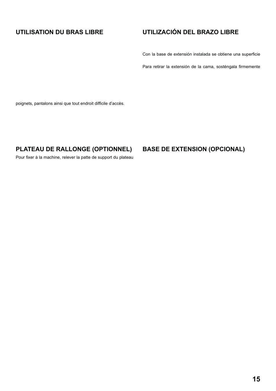 7285q 86_2012.7.5pdf_15, Utilisation du bras libre, Utilización del brazo libre | Plateau de rallonge (optionnel), Base de extension (opcional) | SINGER 7285Q PATCHWORK Instruction Manual User Manual | Page 17 / 84