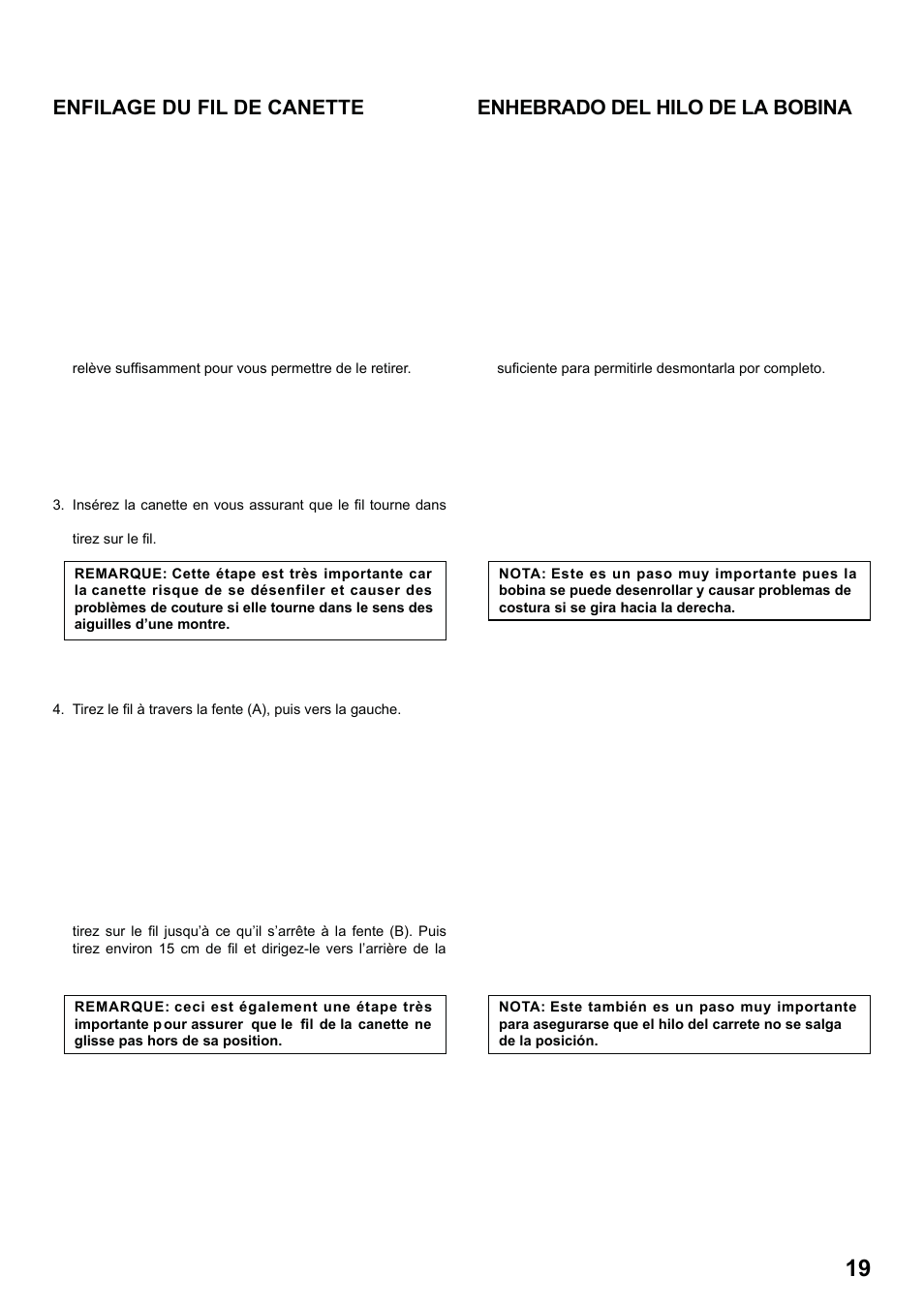 7285q 86_2012.7.5pdf_19, Enfilage du fil de canette, Enhebrado del hilo de la bobina | SINGER 7285Q PATCHWORK Instruction Manual User Manual | Page 21 / 84