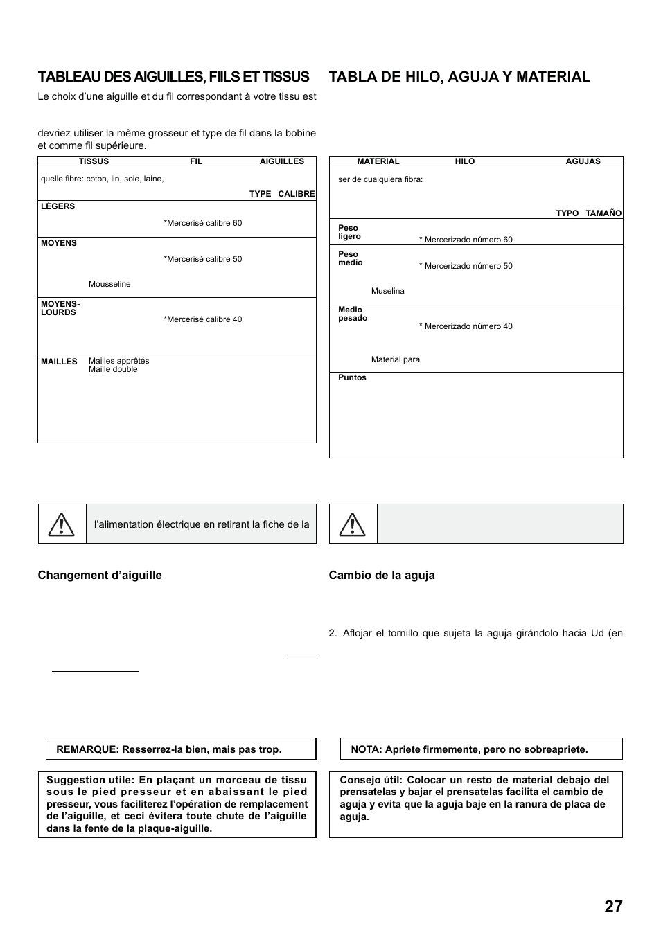7285q 86_2012.7.5pdf_27, Tabla de hilo, aguja y material, Tableau des aiguilles, fiils et tissus | SINGER 7285Q PATCHWORK Instruction Manual User Manual | Page 29 / 84