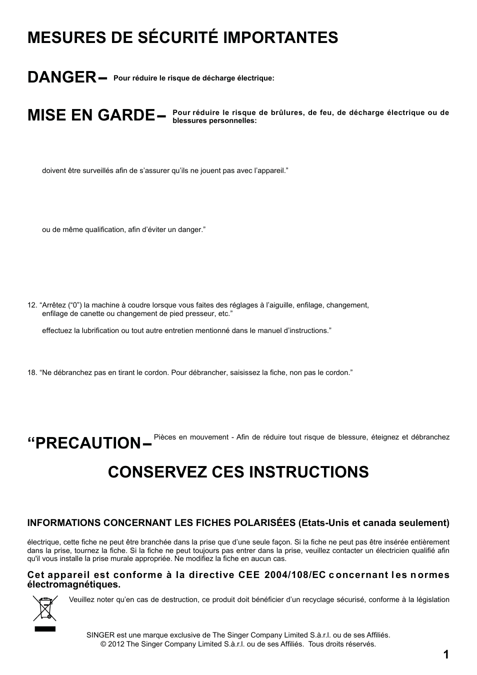 7285q 86_2012.7.5pdf_ 1, Precaution, Conservez ces instructions | SINGER 7285Q PATCHWORK Instruction Manual User Manual | Page 3 / 84