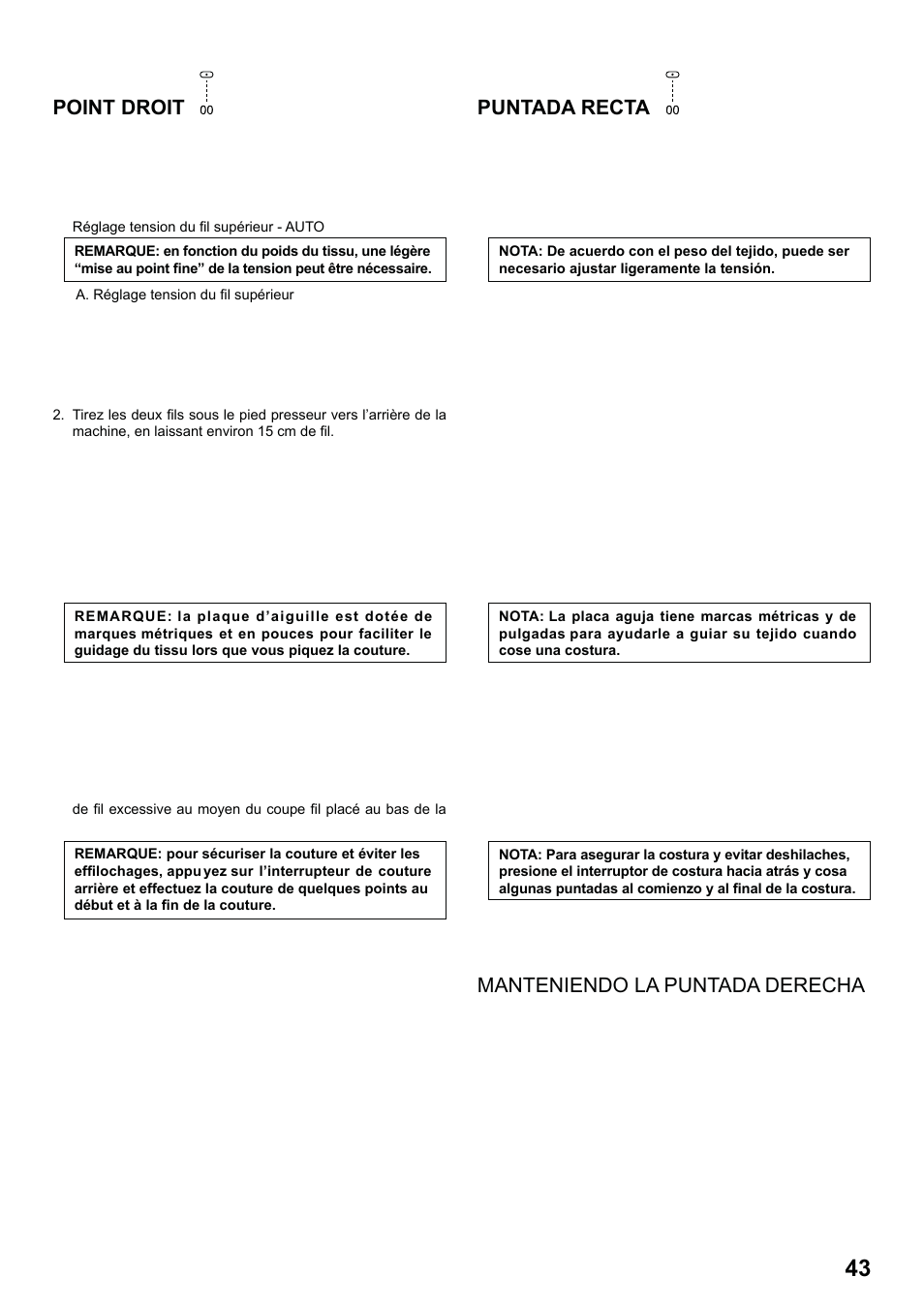 7285q 86_2012.7.5pdf_43, Point droit, Puntada recta | Pour garder la couture droite | SINGER 7285Q PATCHWORK Instruction Manual User Manual | Page 45 / 84