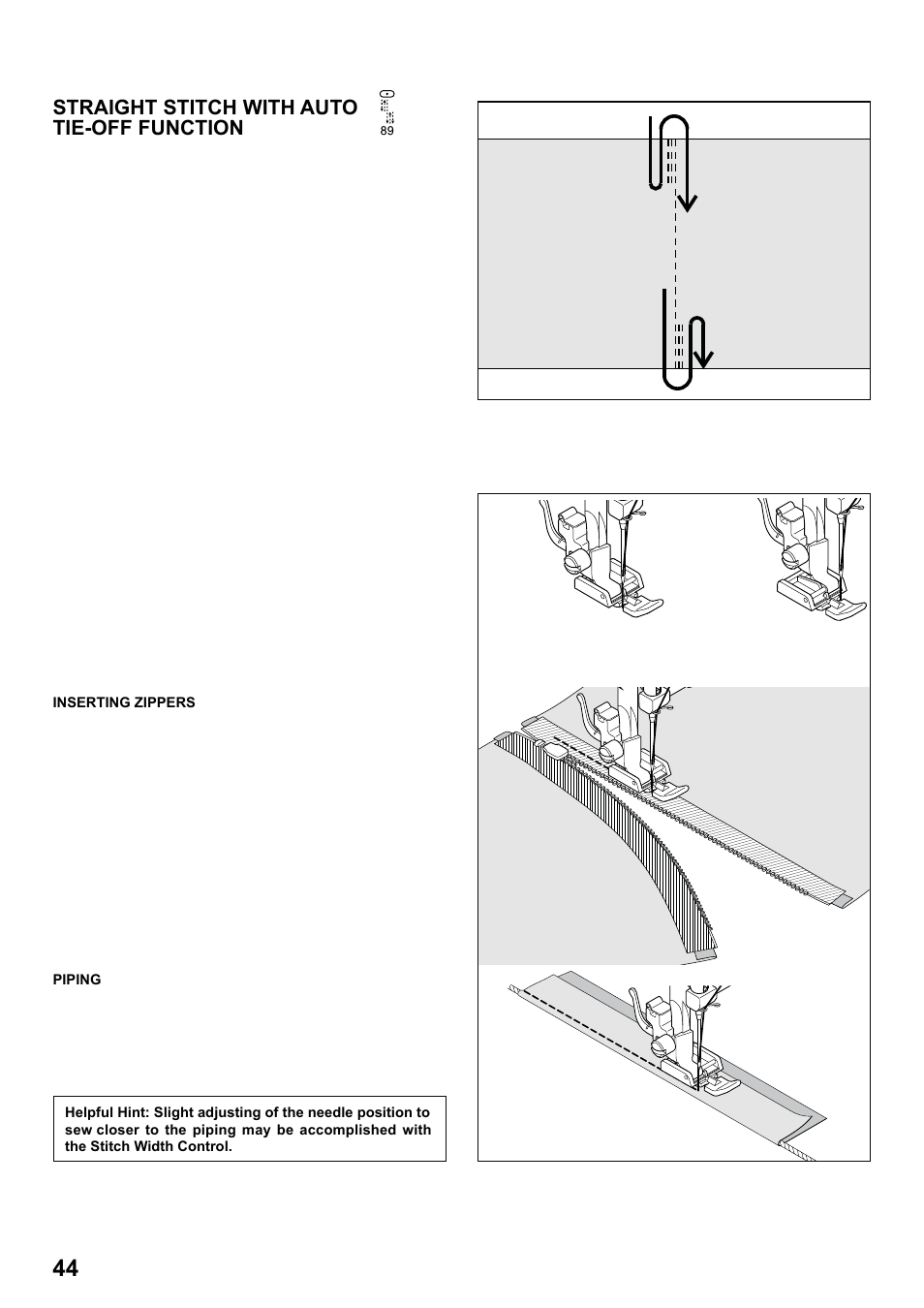 7285q 86_2012.7.5pdf_44, Straight stitch with auto tie-off function, Inserting zippers and piping | SINGER 7285Q PATCHWORK Instruction Manual User Manual | Page 46 / 84