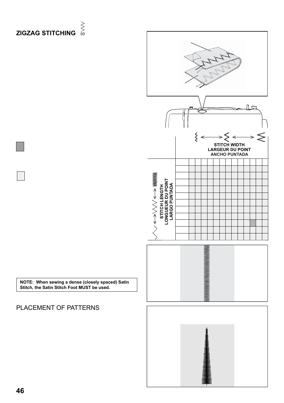 7285q 86_2012.7.5pdf_46, Zigzag stitching, Satin stitch | SINGER 7285Q PATCHWORK Instruction Manual User Manual | Page 48 / 84