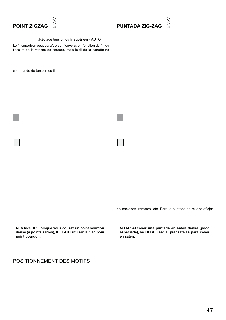 7285q 86_2012.7.5pdf_47, Point bourdon, Puntada de relleno | Point zigzag, Puntada zig-zag | SINGER 7285Q PATCHWORK Instruction Manual User Manual | Page 49 / 84