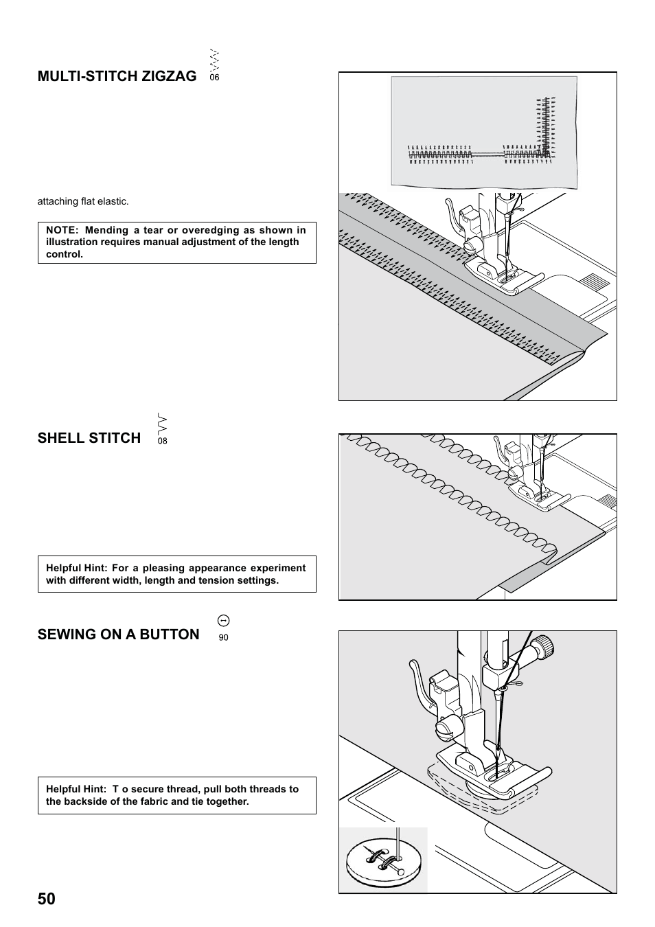 7285q 86_2012.7.5pdf_50, Multi-stitch zigzag, Shell stitch | Sewing on a button | SINGER 7285Q PATCHWORK Instruction Manual User Manual | Page 52 / 84
