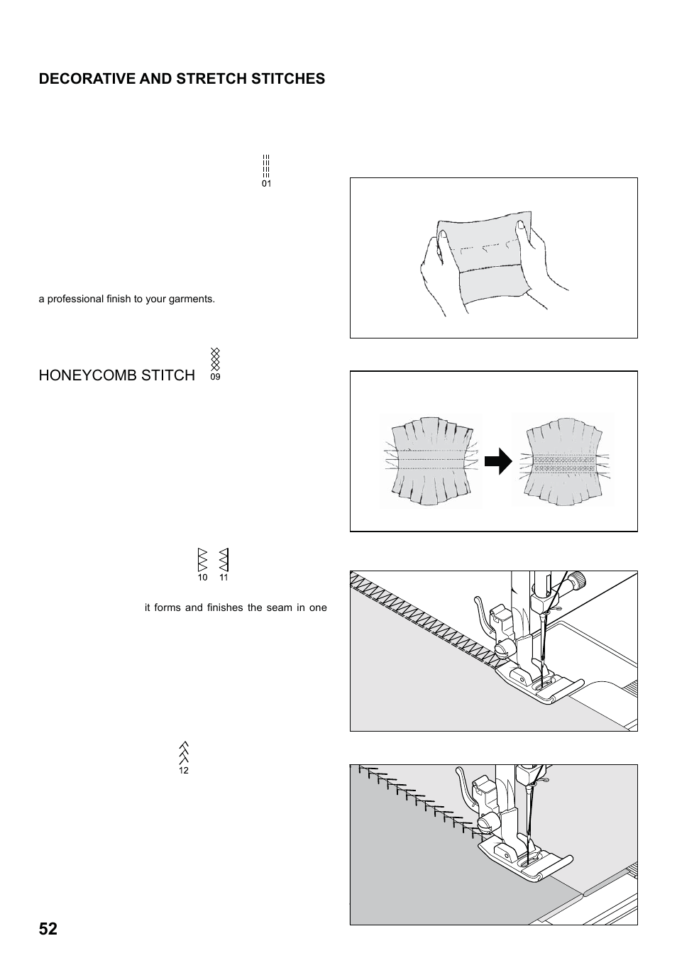 7285q 86_2012.7.5pdf_52, Decorative and stretch stitches, Straight stretch stitch | Overedge stitch, Feather stitch | SINGER 7285Q PATCHWORK Instruction Manual User Manual | Page 54 / 84