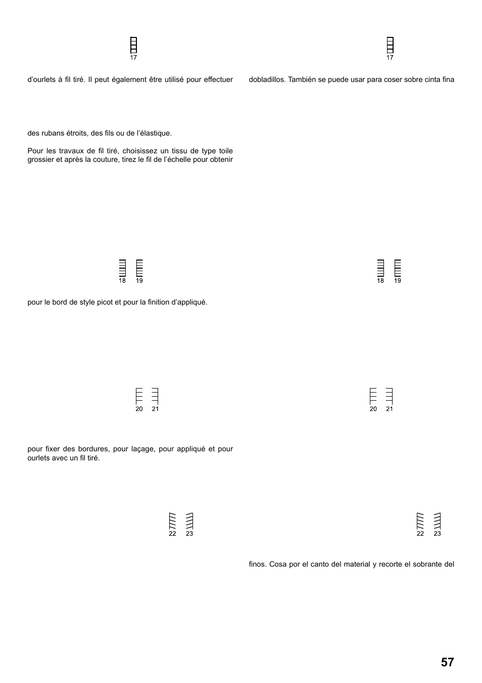 7285q 86_2012.7.5pdf_57, Point d’échelle, Point épingle | Point languette, Point épingle oblique, Puntada en escalera, Puntada de broche, Puntada de ribete, Puntada alfiler inclinado | SINGER 7285Q PATCHWORK Instruction Manual User Manual | Page 59 / 84
