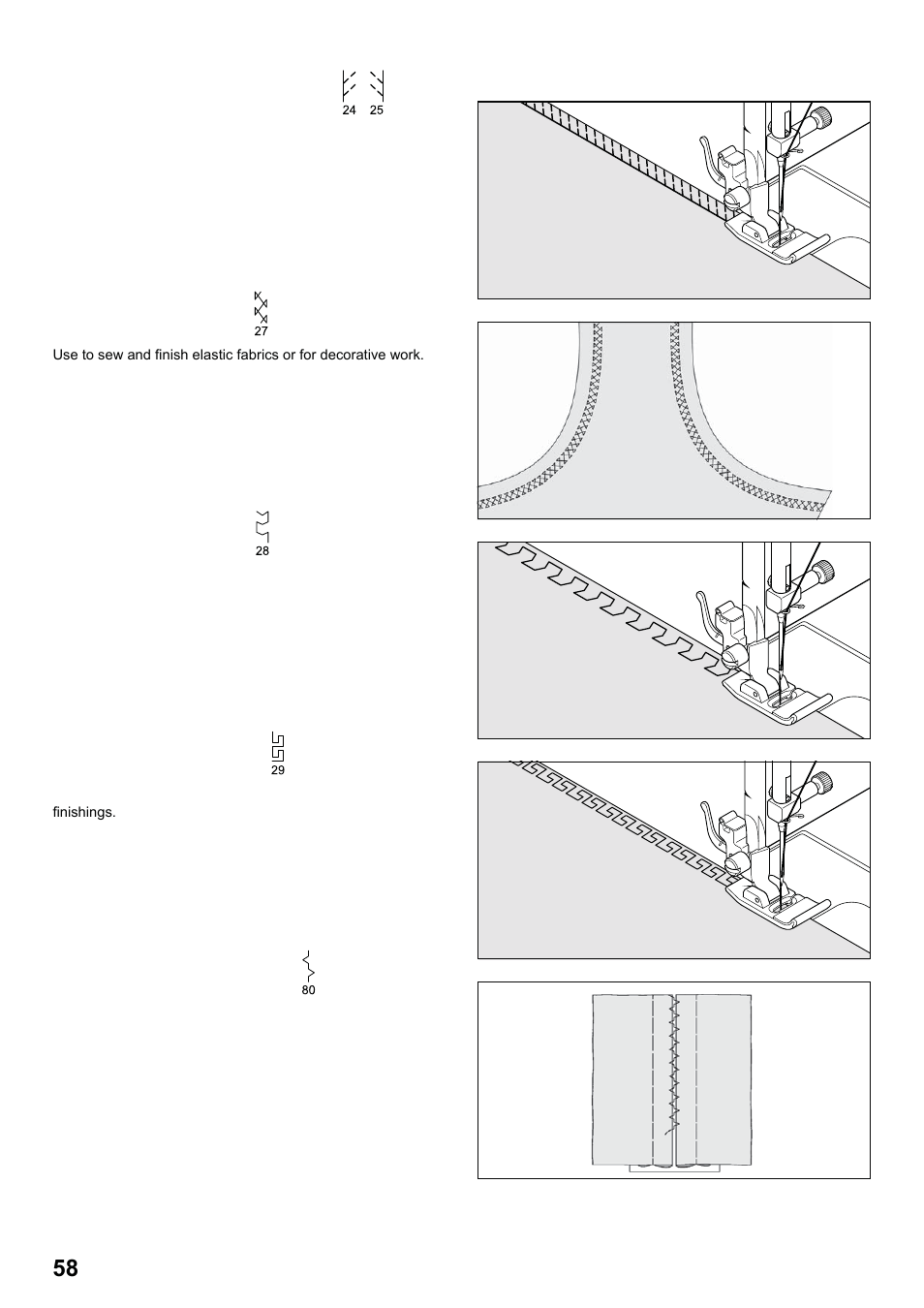 7285q 86_2012.7.5pdf_58, Slant overedge stitch, Crossed stitch | Chevron stitch, Greek key stitch, Edge-joining stitch | SINGER 7285Q PATCHWORK Instruction Manual User Manual | Page 60 / 84