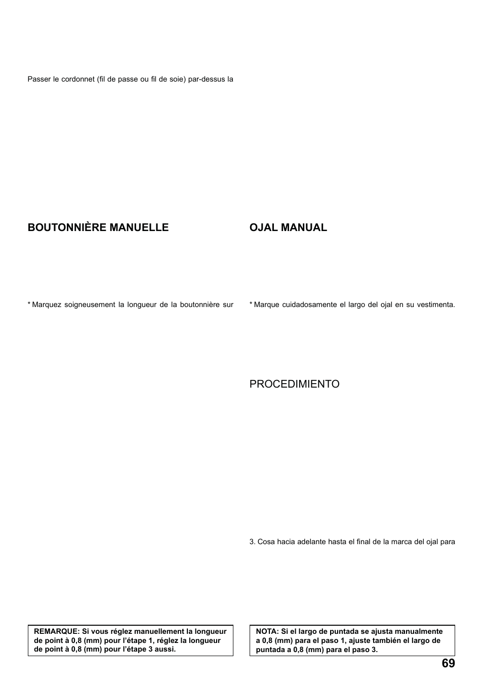 7285q 86_2012.7.5pdf_69, Boutonnieres gansées (renforcées), Ojales con cordon | Boutonnière manuelle, Procédure, Ojal manual | SINGER 7285Q PATCHWORK Instruction Manual User Manual | Page 71 / 84