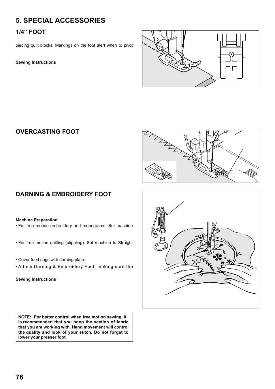 7285q 86_2012.7.5pdf_76, Special accessories, 1/4" foot | Overcasting foot, Darning & embroidery foot | SINGER 7285Q PATCHWORK Instruction Manual User Manual | Page 78 / 84