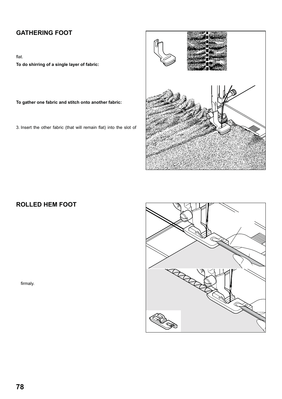 7285q 86_2012.7.5pdf_78, Gathering foot, Rolled hem foot | SINGER 7285Q PATCHWORK Instruction Manual User Manual | Page 80 / 84
