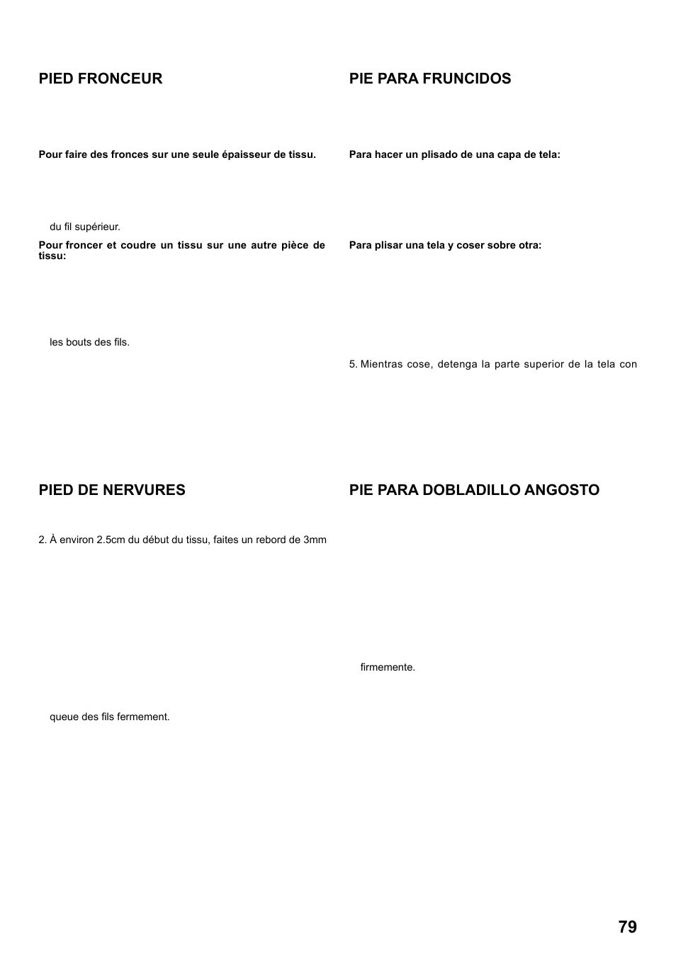 7285q 86_2012.7.5pdf_79, Pied fronceur, Pie para fruncidos | Pied de nervures, Pie para dobladillo angosto | SINGER 7285Q PATCHWORK Instruction Manual User Manual | Page 81 / 84
