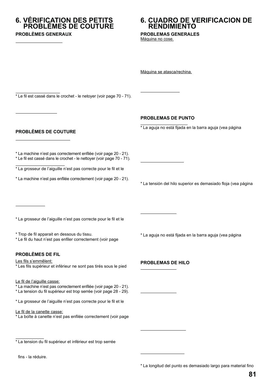7285q 86_2012.7.5pdf_81, 81 6. cuadro de verificacion de rendimiento, Vérification des petits problèmes de couture | SINGER 7285Q PATCHWORK Instruction Manual User Manual | Page 83 / 84