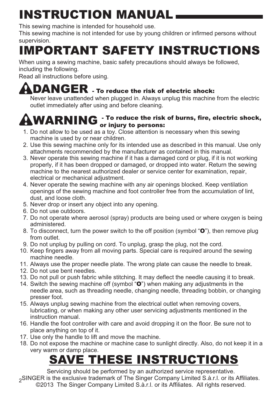 Instruction manual, Important safety instructions, Danger | Warning, Save these instructions | SINGER 9980 QUANTUM STYLIST User Manual | Page 2 / 108