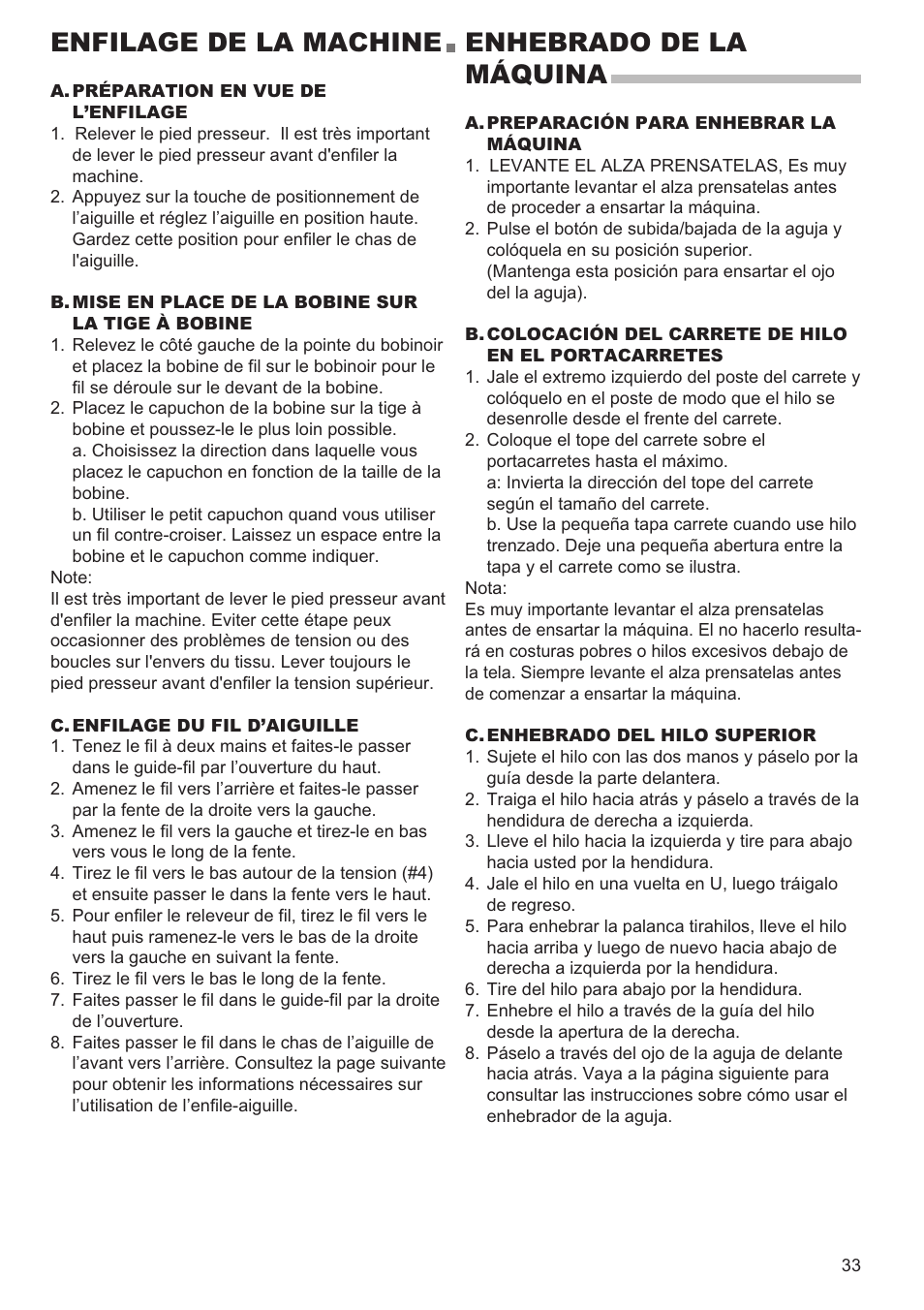 Enfilage de la machine, Enhebrado de la máquina | SINGER 9980 QUANTUM STYLIST User Manual | Page 33 / 108