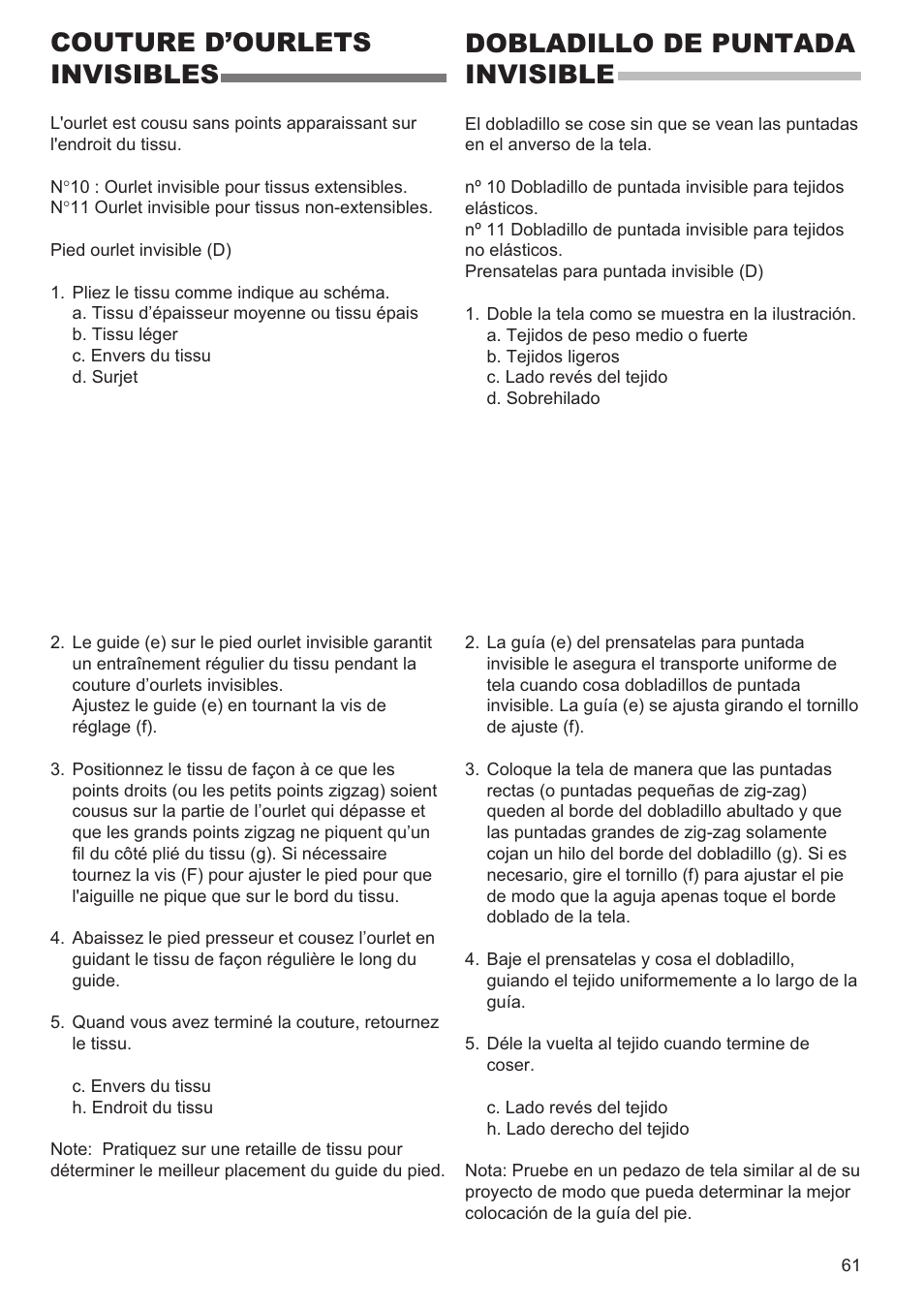 Couture d’ourlets invisibles, Dobladillo de puntada invisible | SINGER 9980 QUANTUM STYLIST User Manual | Page 61 / 108