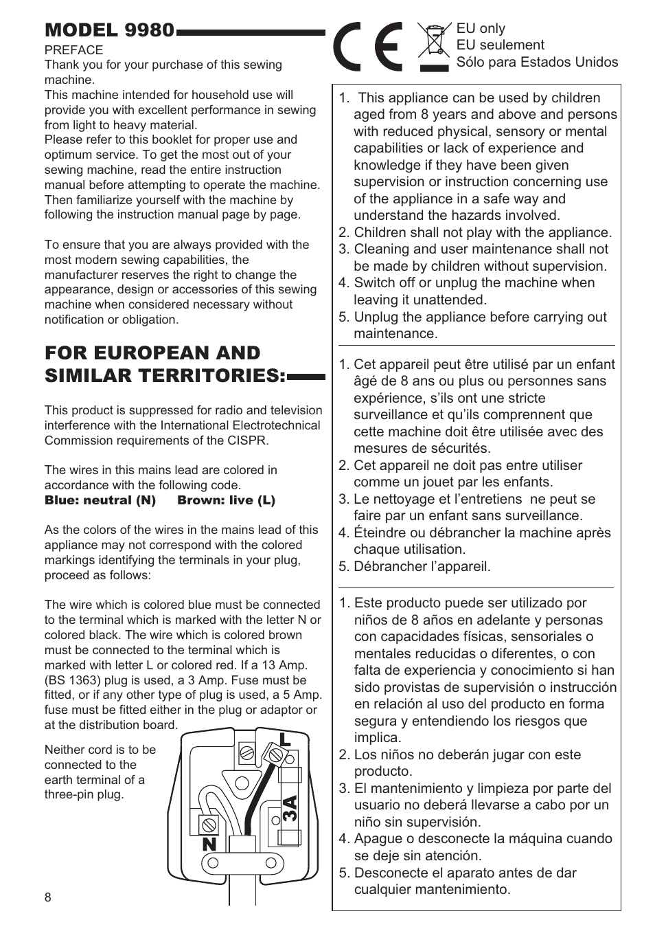 Model 9980, For european and similar territories | SINGER 9980 QUANTUM STYLIST User Manual | Page 8 / 108