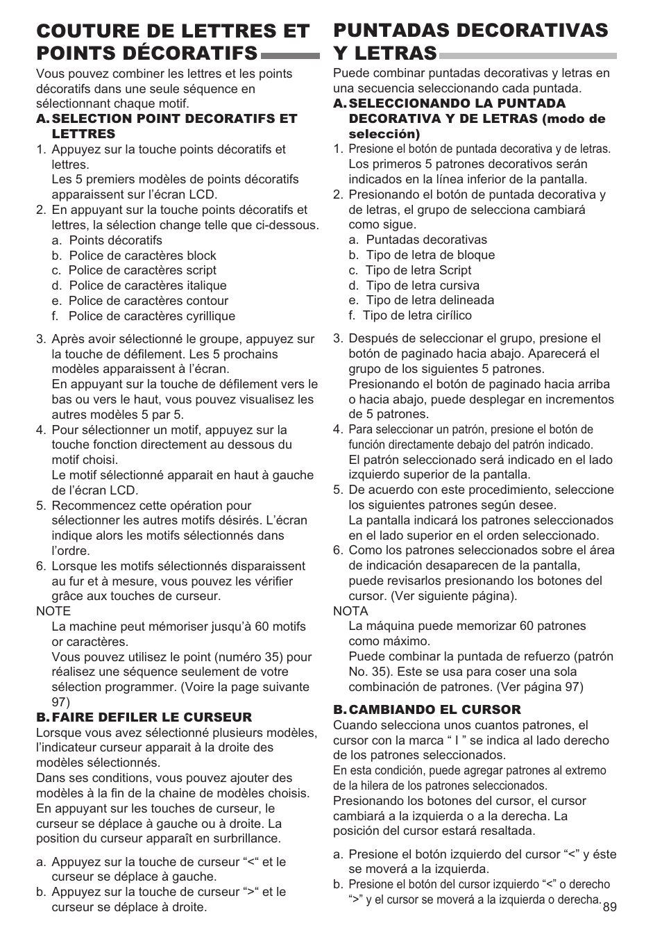 Couture de lettres et points décoratifs, Puntadas decorativas y letras | SINGER 9980 QUANTUM STYLIST User Manual | Page 89 / 108