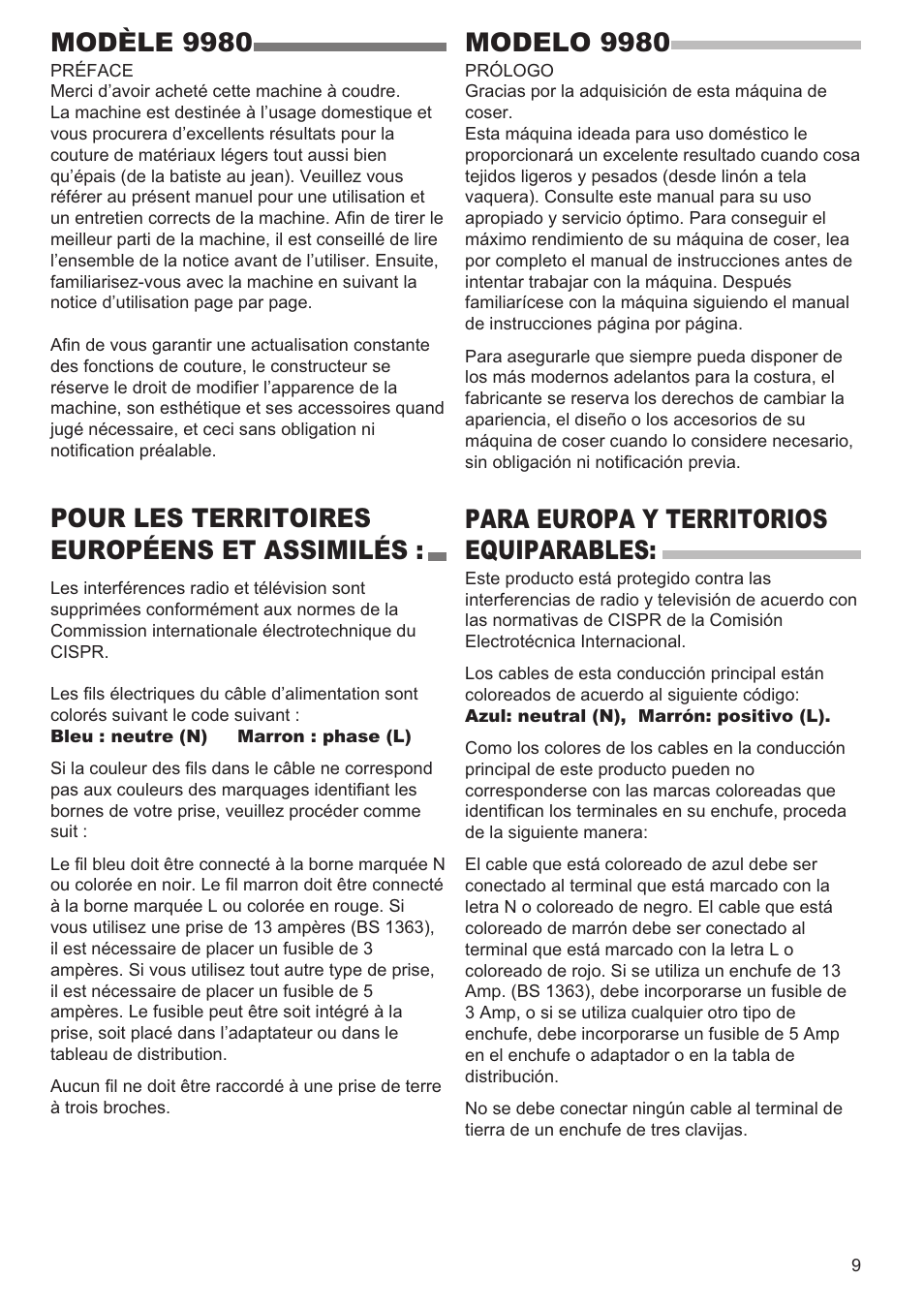 Modèle 9980, Pour les territoires européens et assimilés, Modelo 9980 | Para europa y territorios equiparables | SINGER 9980 QUANTUM STYLIST User Manual | Page 9 / 108