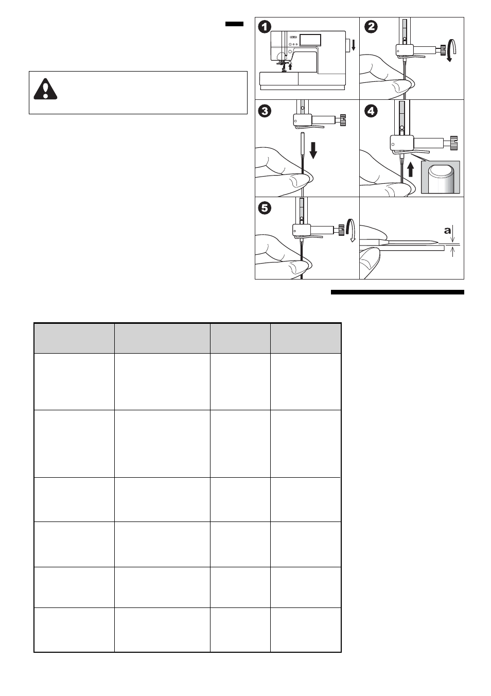 Inserting the needle, Fabric, thread and needle table | SINGER 9985 QUANTUM STYLIST TOUCH User Manual | Page 16 / 108