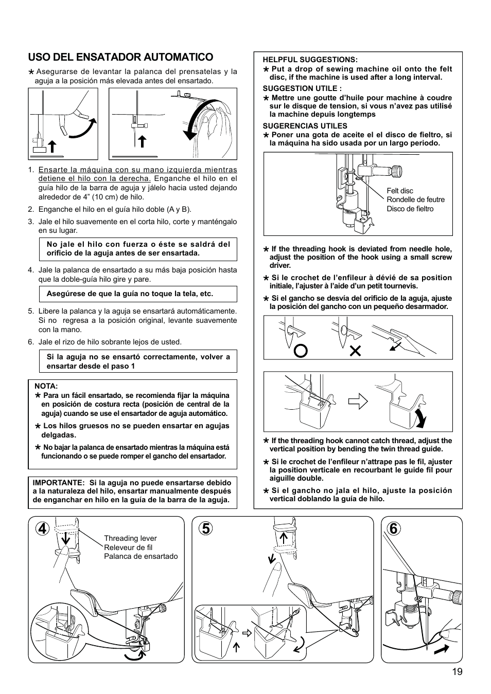 Uso del ensatador automatico | SINGER 8500Q MODERN QUILTER Instruction Manual User Manual | Page 21 / 92