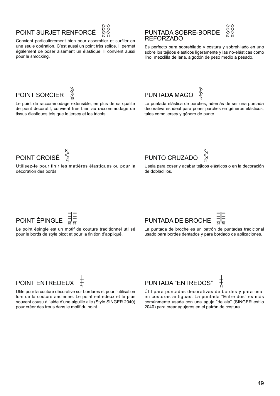 Point croisé, Punto cruzado, Point épingle | Puntada de broche, Point entredeux, Puntada “entredos, Point surjet renforcé, Point sorcier, Puntada sobre-borde reforzado, Puntada mago | SINGER 8500Q MODERN QUILTER Instruction Manual User Manual | Page 51 / 92