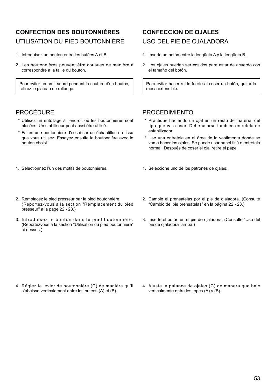 Confeccion de ojales uso del pie de ojaladora, Procedimiento, Procédure | SINGER 8500Q MODERN QUILTER Instruction Manual User Manual | Page 55 / 92