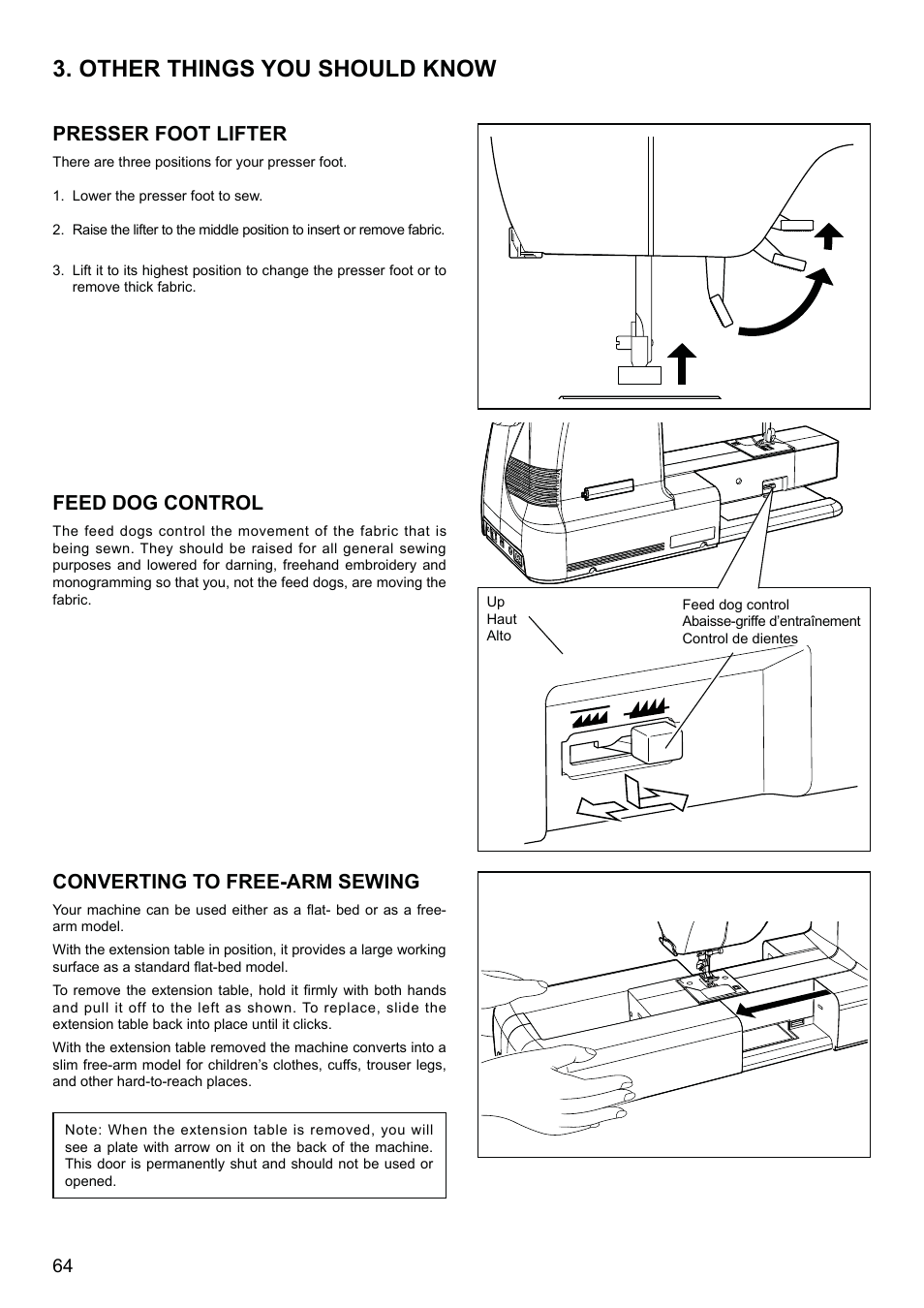 Other things you should know, Presser foot lifter, Feed dog control | Converting to free-arm sewing | SINGER 8500Q MODERN QUILTER Instruction Manual User Manual | Page 66 / 92