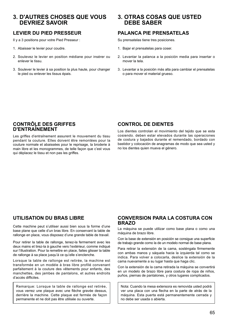 Levier du pied presseur, Palanca pie prensatelas, Contrôle des griffes d'entraînement | Control de dientes, Utilisation du bras libre, Conversion para la costura con brazo | SINGER 8500Q MODERN QUILTER Instruction Manual User Manual | Page 67 / 92