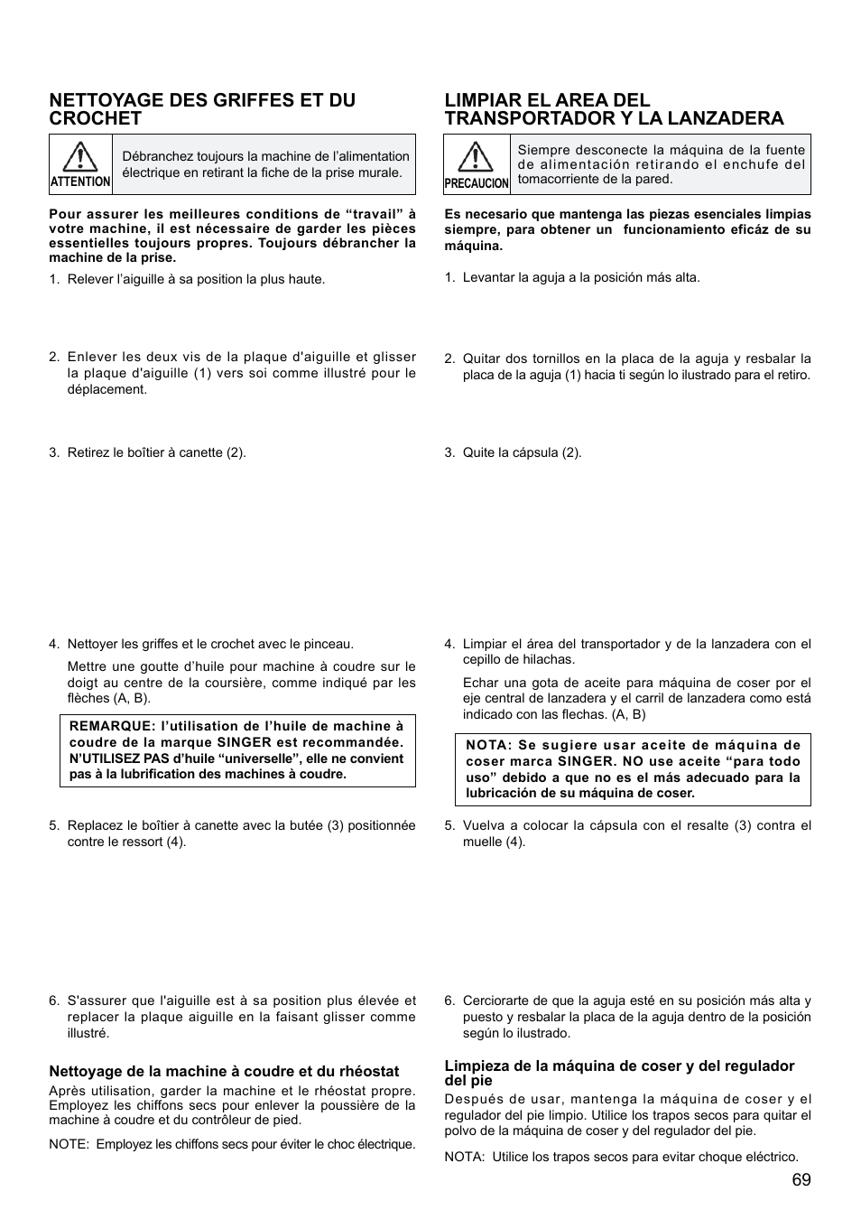 Nettoyage des griffes et du crochet, Limpiar el area del transportador y la lanzadera | SINGER 8500Q MODERN QUILTER Instruction Manual User Manual | Page 71 / 92