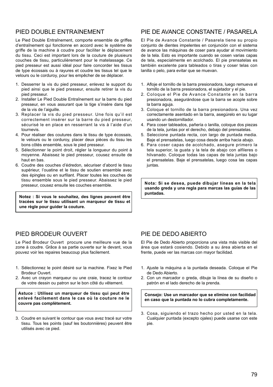 Pied double entraînement, Pie de avance constante / pasarela, Pied brodeur ouvert | Pie de dedo abierto | SINGER 8500Q MODERN QUILTER Instruction Manual User Manual | Page 81 / 92