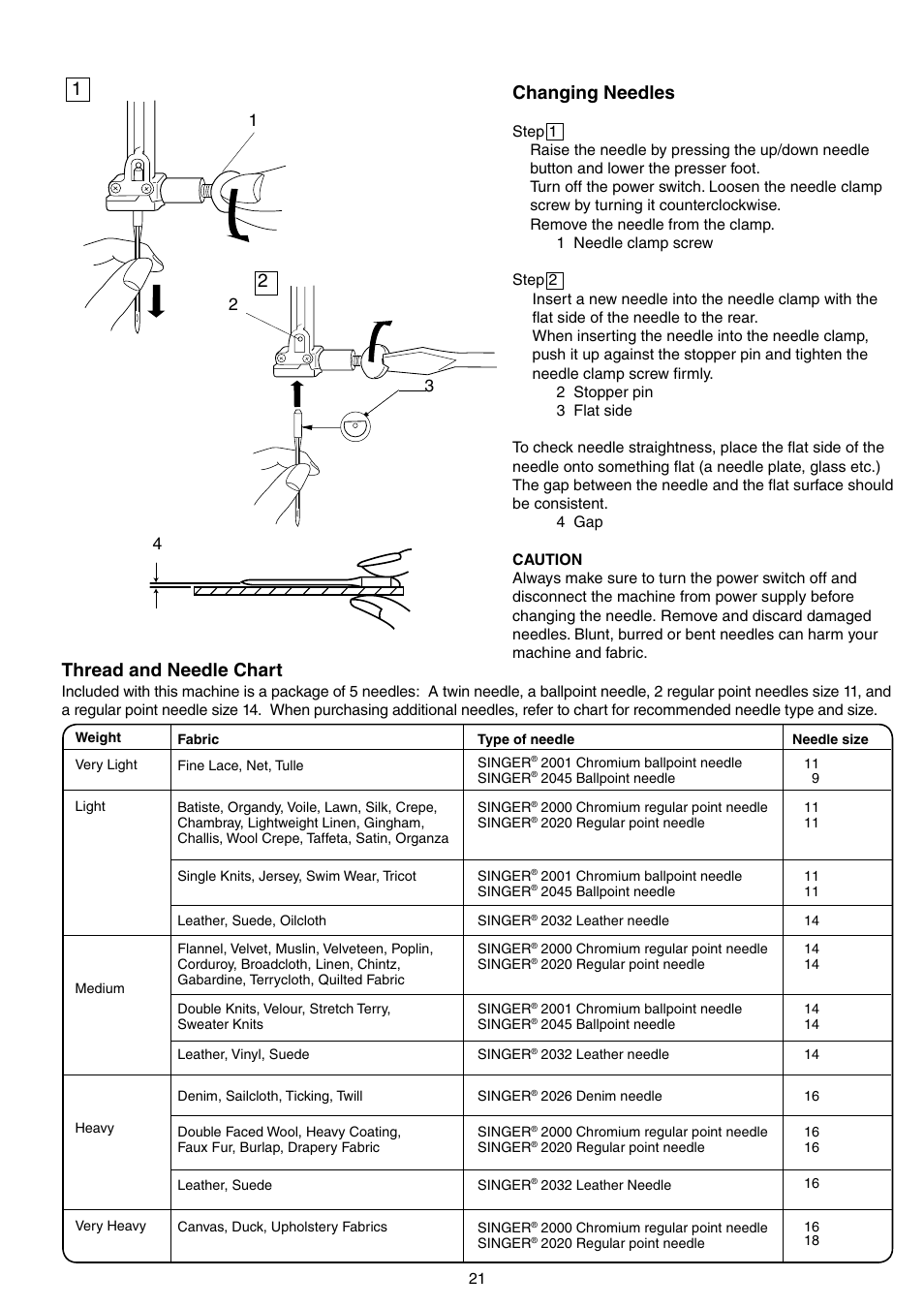 Changing needles, Thread and needle chart | SINGER S18 STUDIO Instruction Manual User Manual | Page 21 / 75