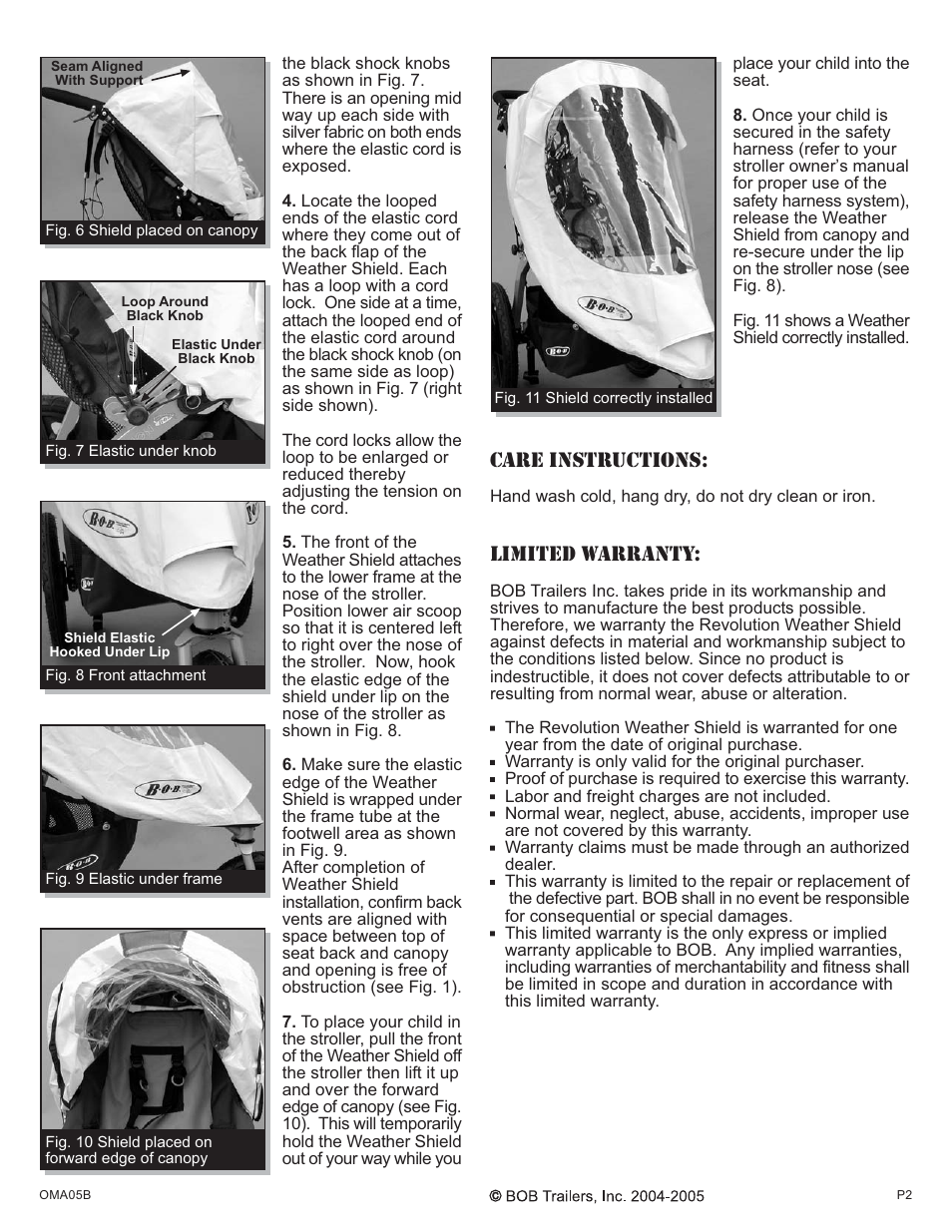 Care instructions, Limited warranty | BOB Weather Shield User Manual | Page 2 / 2