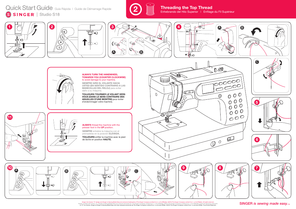 Quick start guide, Threading the top thread, Studio s18 | SINGER S18 STUDIO Quick-Start Guide User Manual | Page 2 / 2