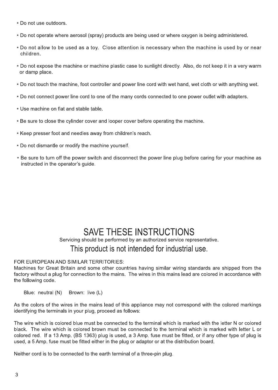 Save these instructions, This product is not intended for industrial use | SINGER 14SH654 Finishing Touch (LED) User Manual | Page 4 / 101
