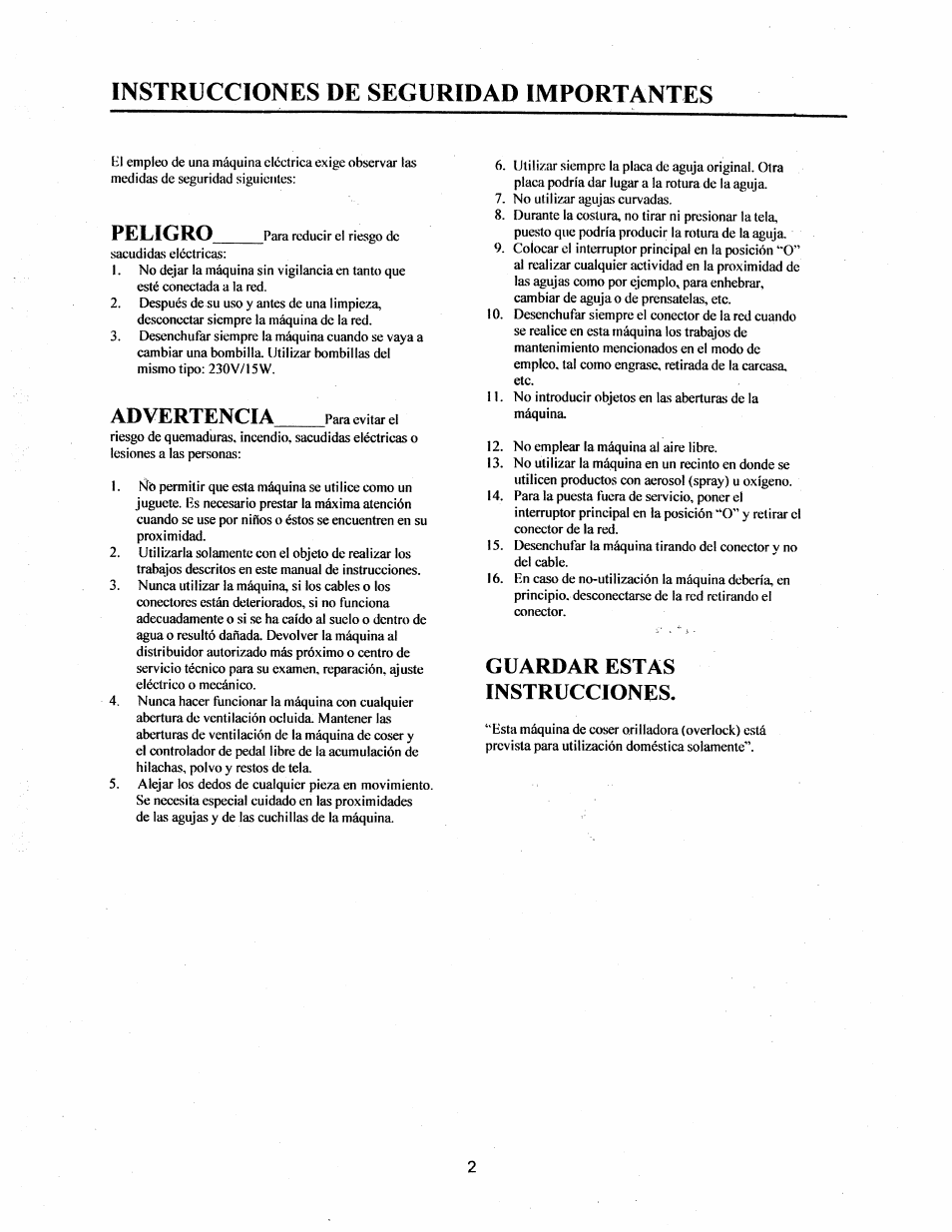 Peligro, Guardar estas instrucciones, Instrucciones de seguridad importantes | Advertencia | SINGER 14T948DS User Manual | Page 3 / 40