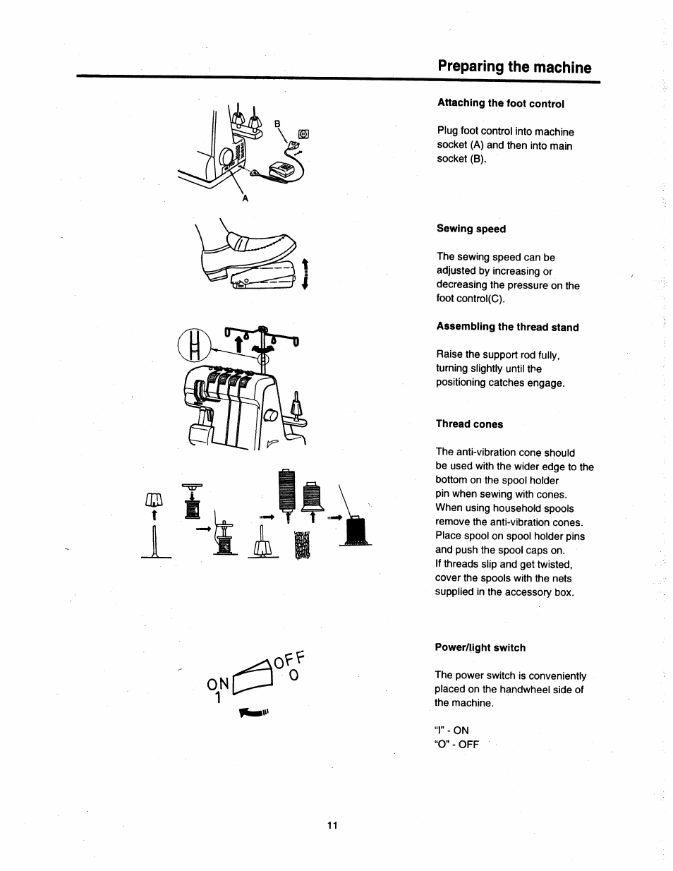 Attaching the foot control, Sewing speed, Assembling the thread stand | Thread cones, Power/fight switch | SINGER 14T948DS User Manual | Page 8 / 40