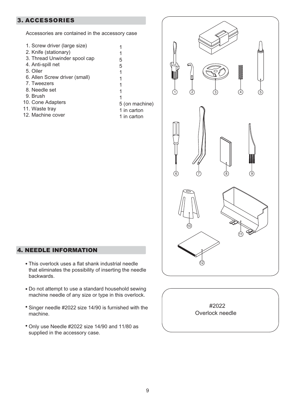 Accessories, Needle information, 2022 overlock needle | SINGER 14T967DC QUANTUMLOCK User Manual | Page 10 / 72